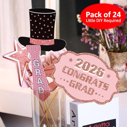 Blulu 24 Pieces 2026 Graduation Party Photo Booth Props Kit, Funny Graduation Party Selfie Props, Selfie Photo Frame for High School and College Grad Favors Supplies(Pink) - color: Pink