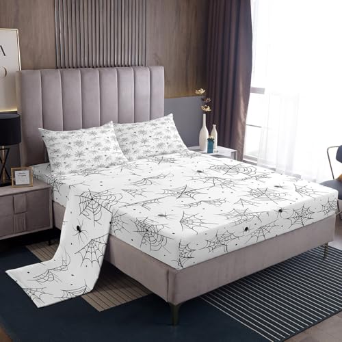 Feelyou Happy Halloween Bed Sheets Sets Twin Size Kids Boys Girls Black White Cobweb Bedding Set Spider Bed Sheet Set with 16-Inch Deep Pockets 3Pcs with 1 Pillow Cases - color: Black and White, size: Twin