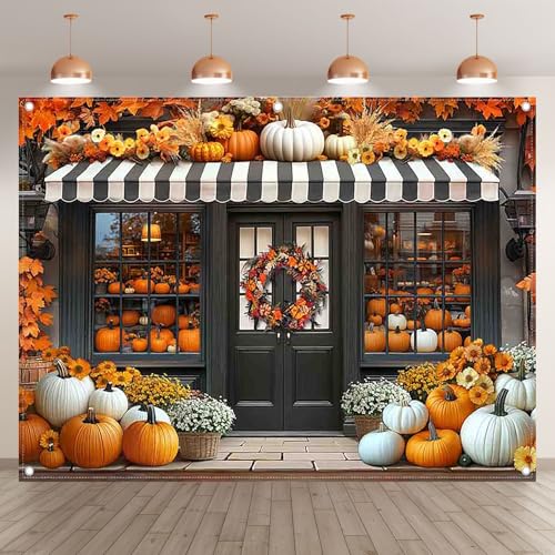 8x6ft Fabric Fall Pumpkin Shop Backdrop Rustic Autumn Chrysanthemum Maple Leaves Harvest Floral Door Photography Background Thanksgiving Party Decor Photo Props - size: 8'x6'