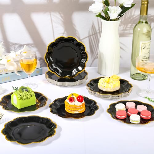 AimFun 48 Pcs Graduation Black and Gold Scalloped Paper Plates 7 Inch Disposable Dessert Plates with Gold Foil Elegant Cake Plate for Wedding Birthday Baby Shower Party Supplies - color: Black