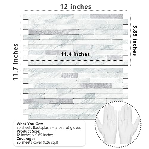 STICKGOO 20 Sheets Peel and Stick Backsplash Tile, Stick on Backsplash for Kitchen and Bathroom, Volakas White Look PVC Mixed Metal Silver Self Adhesive Wall Tiles - color: Volakas White + Metal Silver