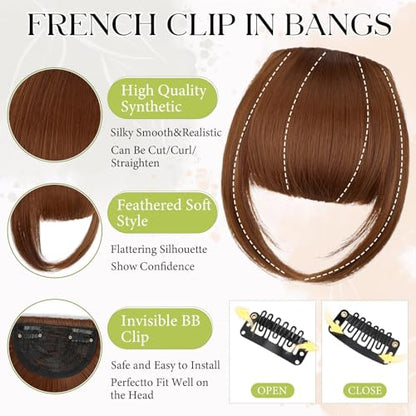 Bangs Hair Clip in Bangs, French Light Auburn Fake Bangs Hair Clip on Bangs for Women Fringe with Temples Hairpieces Faux Bangs for Daily Wear - color: Light Auburn