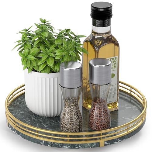 Green Marble Lazy Susan Turntable for Table Top – 10” Round Marble Tray Organizer for Dining Table, Kitchen Countertop & Bar, Luxury Stone Serving Tray with Gold Frame - color: Green & Gold, size: 10 inches