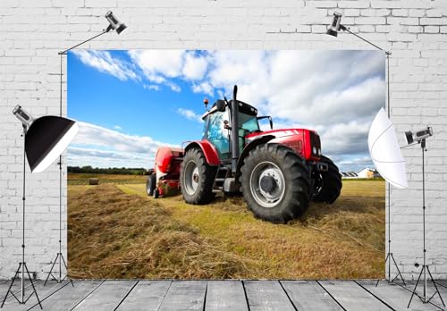 BELECO 17x10ft Fabric Farming Tractor Photography Backdrop Countryside Field Red Tractor Haystack Fall Harvest Photography Background Autumn Themed Party Decoration Photo Studio Props - size: 17x10FT