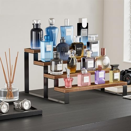 Boulphia Cologne Organizer for Men, 12 Inch Wood Cologne Stand 4 Tier Perfume Organizer for Dresser, Versatile Step Display Stand Shelf for Fragrance, Skincare, Figurine, Dessert, 1 Set Brown - color: 1 Set, 4 Tier_Brown