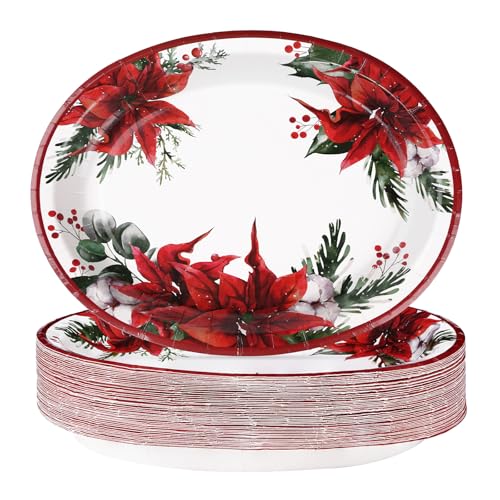50 Pcs Christmas Oval Plates 10" x 12" Large Disposable 400 GSM Heavy Duty Red Poinsettia Floral Paper Dessert Plates Christmas Birthday Party Decorations for Festive Xmas Theme Dinner Party Supplies - style: Poinsettia Flower Oval Plate