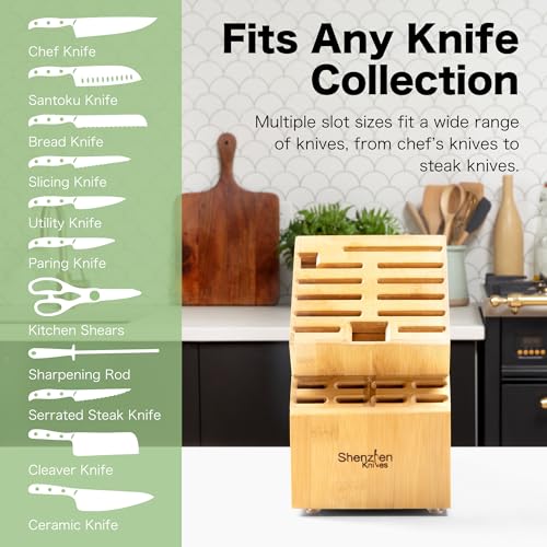 Shenzhen Knives 20 Slot Universal Knife Block: Large Bamboo Finish Wood Knife Block without Knives - Countertop Butcher Block Knife Holder and Organizer with Wide Slots for Easy Kitchen Knife Storage - size: Large