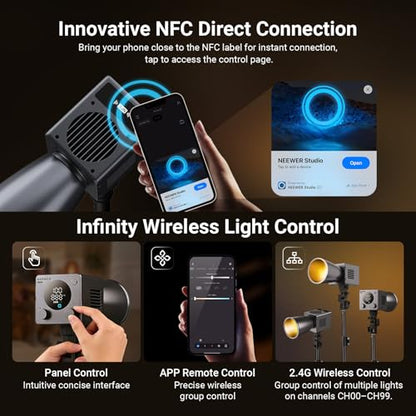 NEEWER 60W Mini LED Video Light with 50Wh Battery/100W PD Fast Charging, APP/2.4G Control/NFC, Bi Color Dimmable COB Studio Continuous Output Lighting 44,800 lux/1m 2700-6500K CRI97+ 12 Scenes, HB60B