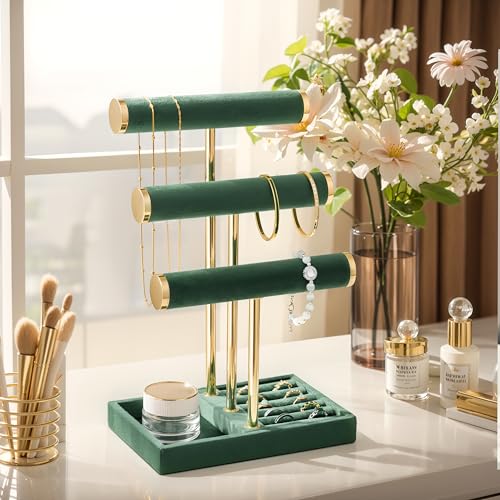 bussdis 3 Tier Bracelet Holder Display - Detachable T Bar Dark Green Velvet Bracelet Holder, Jewelry Holder Organizer for Bracelet, Necklace, Watches, Rings - color: Dark Green, size: Standard