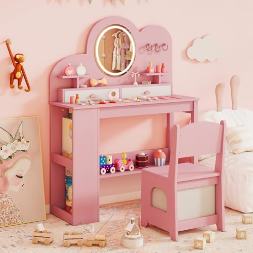 Costzon Kids Vanity, Girls Vanity Set with Lighted Mirror, Bookshelf, Drawers, Hooks & Storage Shelves, Toddler Makeup Vanity Desk Dressing Table, Wooden Kids Vanity Table and Chair Set (Pink) - style: Pink with Bookshelf
