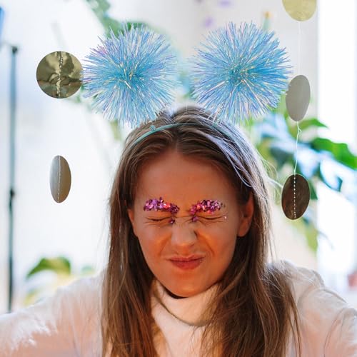 Beavorty Foil Strips Headband with Pom Pom Fluffy Balls - Tinsel Head Bopper Cosplay Hair Accessory - color: Blue