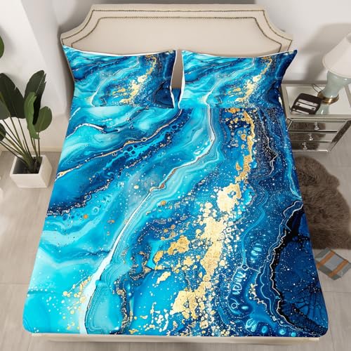 Erosebridal Blue Marble Fitted Sheet, Stone Pattern Fluid Bedding Set Twin for Kids Boys Teens Adult,Gold Glitter Abstract Marbling Bed Sheets Metallic Marble Texture Sheets,1 Pillow Case - color: Aqua Blue Gold, size: Twin