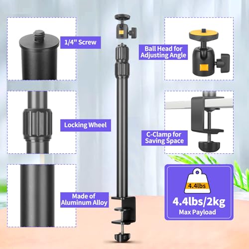 Camera Desk Mount Webcam Stand with 360° Ball Head, Adjustable Table Light Stand 14"-33", Tabletop C Clamp for DSLR Camera, Ring Light, Live Streaming, Photo Video Studios