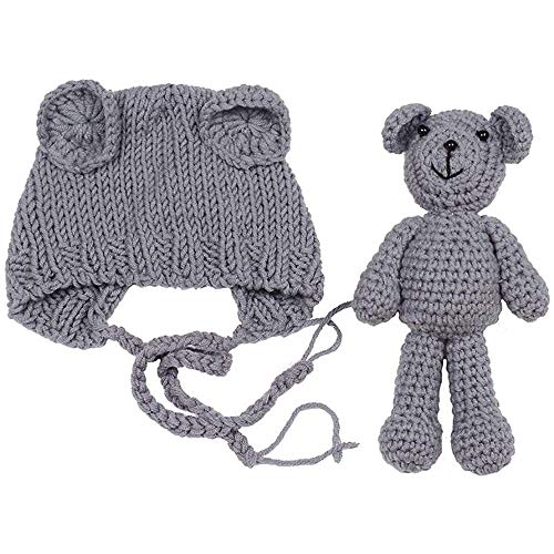 Newborn Baby Photo Shoot Props Boys Girls Crochet Knitted Hat Bear Hat Beanie with Bear Dolls Photography Props - color: Gray