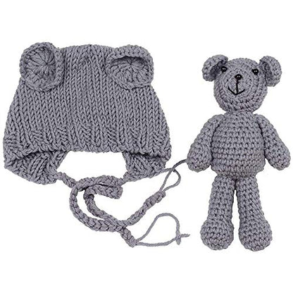 Newborn Baby Photo Shoot Props Boys Girls Crochet Knitted Hat Bear Hat Beanie with Bear Dolls Photography Props - color: Gray