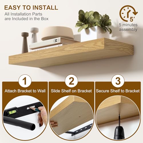Fun Memories 66 Inch Fireplace Mantel - Long Floating Shelf, Wall Mounted Farmhouse Display with Invisible Heavy Duty Metal Bracket, Oak, 2 Pack - color: Oak, size: 67"W x 6.5"D