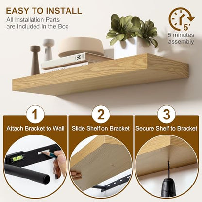 Fun Memories 66 Inch Fireplace Mantel - Long Floating Shelf, Wall Mounted Farmhouse Display with Invisible Heavy Duty Metal Bracket, Oak, 2 Pack - color: Oak, size: 67"W x 6.5"D