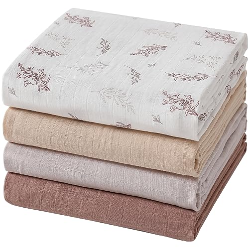 POMISO Muslin Swaddle Blankets for Boys & Girls, Newborn Receiving Blankets, 4 Pack Soft Breathable Baby Swaddles, Large 47x47 Inches, Leaves & Warmth Colors - color: Leaves & Warmth Colors