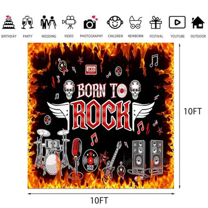 Born to Rock Backdrop, 10x10ft, 1950's Rock and Roll Flame Photography Background Theme Party Supplies Birthday Party Decor Banner Photo Booth Props BJOKPR0282 - size: 10x10
