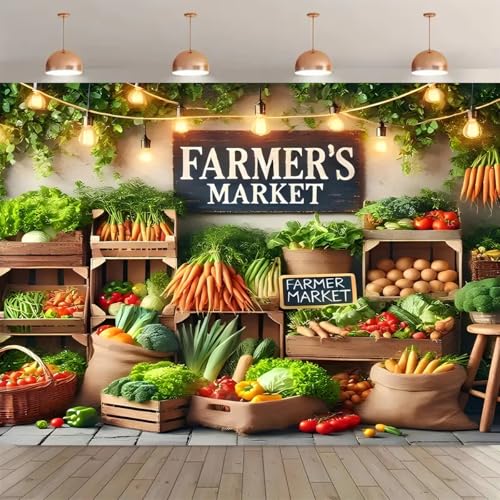 Farmers Market Vegetables and Fruits Stand Backdrop Vegetable Market Exhibition Fresh Organic Food Photography Background Kids Portrait Photoshoot Props(B, 7 * 5feet) - color: B, size: 7*5feet