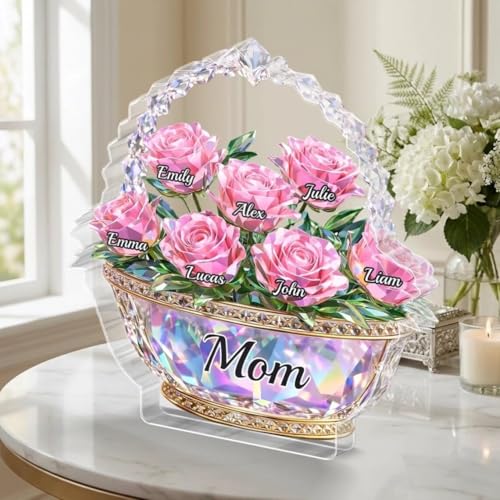 LOVELYPOD Personalized Flower Basket Acrylic Plaque for Mom, Custom Shape Mommy and Kids Acrylic Plaque, Mother’s Day Gift for Mom Grandma, Family Flower Keepsake, Mama Gift from Son Daughter - color: Design #6