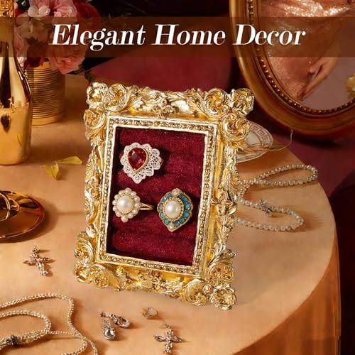 Vintage Ring Holder Rectangle Gold Velvet Display Stand - Baroque Jewelry Organizer Box Tray for Wedding Engagement Anniversary Women Birthday Christmas Gift Photograph Prop (MPF05-Gold Red) - color: MPF05-Gold Red