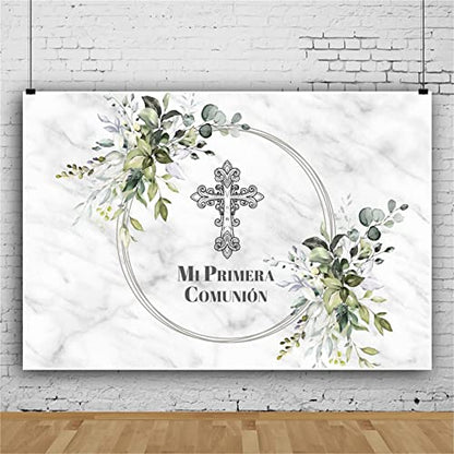 7x5ft Mi Primera Comunión Backdrop Abstract Grey Marble Cross Green Leaves Photo Background for Baptism Party Christening Polyester Photography Banner Decoration Supplies Props - size: 7x5ft-Polyester