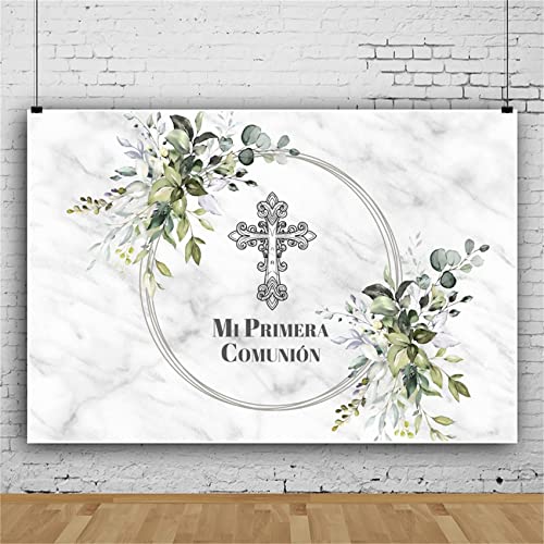12x8ft Mi Primera Comunión Backdrop Abstract Grey Marble Cross Green Leaves Photo Background for Baptism Party Christening Polyester Photography Banner Decoration Supplies Props - size: 12x8ft-Polyester