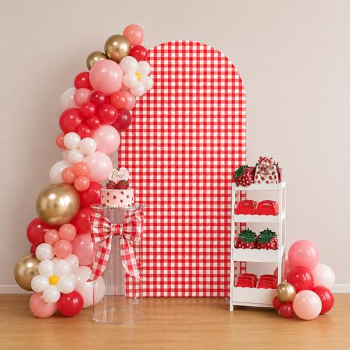 Red Plaids Sweet Strawberries Arch Backdrop Cover Double-Sided Arch Stretchy Cover Berry First Pink Birthday Party Girls Baby Shower Parties Decors (3X5ft,GX-233) - color: GX-233, size: 3X5ft