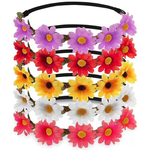 5 Pcs Flower Headband Women Daisy Wreath Headband Sunflower Crown Hippie Floral Headpiece for Boho Hawaiian Beach Wedding Bridal Party Decorations Photo Props (Multicolor B)