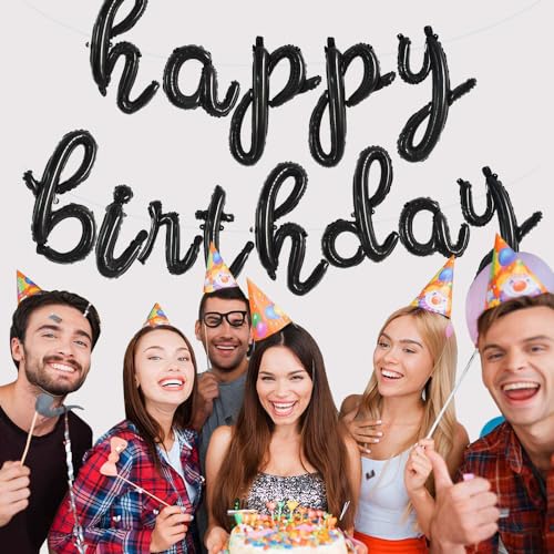 TONIFUL Black Happy Birthday Balloons Banner,Cursive Happy Birthday Balloons Black Birthday Decorations Mylar Foil Birthday Decorations for Adults - color: Low Black