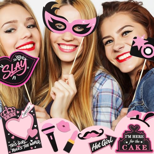 Hot Pink Glitter Photo Booth Props 31 Count, for Birthday Wedding Bachelorette Single Parties, Rose Golden Cute Funny Designs Birthday Decoration for Women Girls Bday Party Supplies