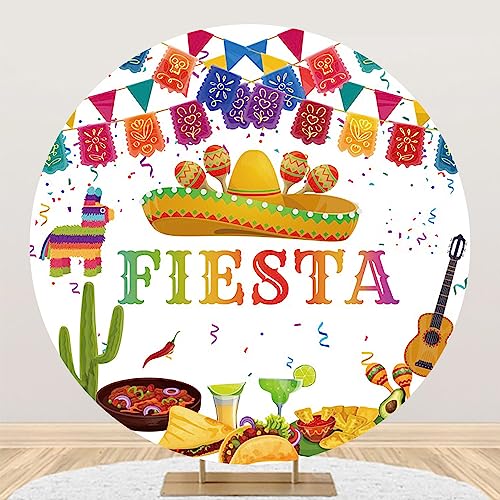 AOFOTO 6.5x6.5ft Mexican Fiesta Theme Round Backdrop for Photography Cinco De Mayo Carnival Colorful Flags Floral Banner Photography Background for Mexican Festival Birthday Party Decor Props - color: Fiesta A, size: 6.5x6.5ft