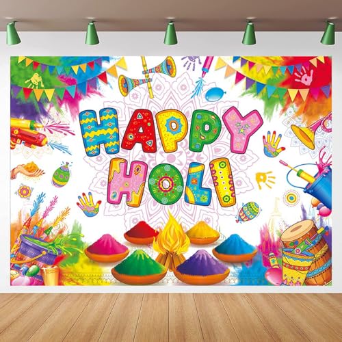 Happy Holi Backdrop Banner Indian Hindu Festival Party Photoshoot Background Colorful Hindu Holi Party Decorations Banner Booth Props (8x6FT(94 x 70 inch))