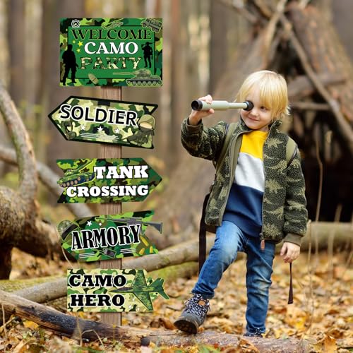 Hooqict 20 Pieces Camo Party Signs Army Birthday Party Decorations Camouflage Military Birthday Party Supplies for Boys Men Army Themed Directional Sign - style: Camo