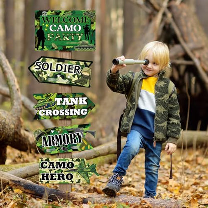 Hooqict 20 Pieces Camo Party Signs Army Birthday Party Decorations Camouflage Military Birthday Party Supplies for Boys Men Army Themed Directional Sign - style: Camo