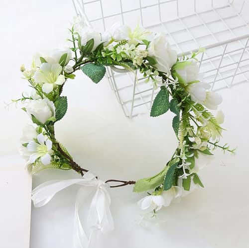 Bridal Flower Crown Flower Garland Headband Floral Halo Floral Crown Wedding Party Cosplay Halloween Costume - color: white