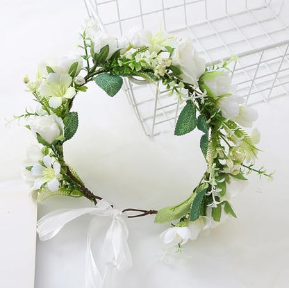 Bridal Flower Crown Flower Garland Headband Floral Halo Floral Crown Wedding Party Cosplay Halloween Costume - color: white