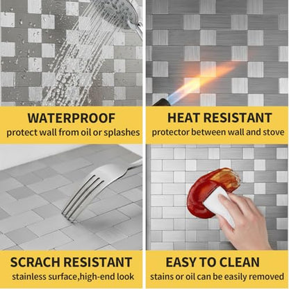 Yipscazo 10-Sheets Peel and Stick Backsplashes for Kitchen, Stick on Backsplash Stainless Steel Metal Tiles for Kitchen Walls, Stainless Steel Backsplash for Range Hood Wall Shield (12''x12'') - color: Square + Rectangle