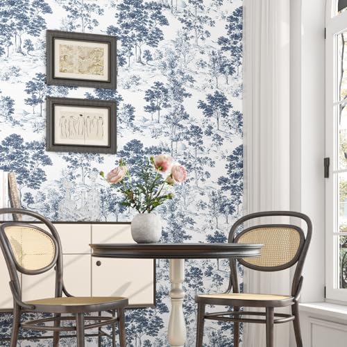 Extra Long Navy Toile Tree Peel and Stick Wallpaper, 17.5In x 393In Toile de Jouy Navy White Design Self-Adhesive Waterproof Wall Paper for Bedroom Kitchen Power Room Vinyl Contact Paper - color: White/Navy, size: 17.5" x 393"