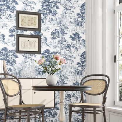 Extra Long Navy Toile Tree Peel and Stick Wallpaper, 17.5In x 393In Toile de Jouy Navy White Design Self-Adhesive Waterproof Wall Paper for Bedroom Kitchen Power Room Vinyl Contact Paper - color: White/Navy, size: 17.5" x 393"