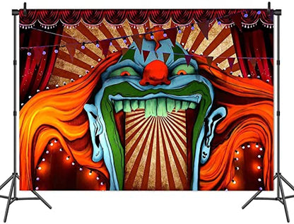 Vinyl 8X6FT Scary Giant Clown Photography Backdrop Red White Stripe Carnival Photo Background Photo Booth Studio Props Supplies Horror Circus Haunted House Halloween Party Banner Decorations - size: 8x6ft