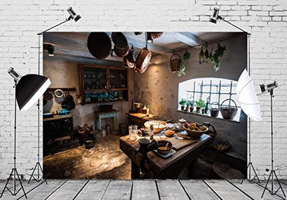 BELECO 15x10ft Fabric Rustic Old Rural Farmhouse Kitchen Interior Backdrop Western Inn Restaurant Kitchen Utensils Dining Table Cooking Background Countryside Theme Church Event Portrait Photo Props