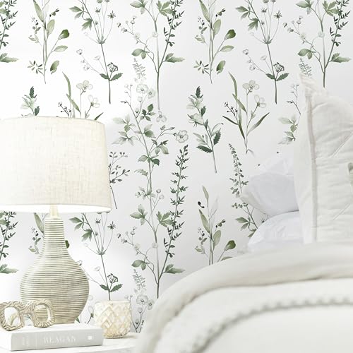 Peel and Stick Wallpaper Green Leaves Wall Paper White Boho Contact Paper 17.3"×78.7" Left Self-Adhesive Removable for Bedroom Leaf Waterproof Shelf Liner Decal Vinyl Roll - color: Green, size: 17.3" x 78.7"