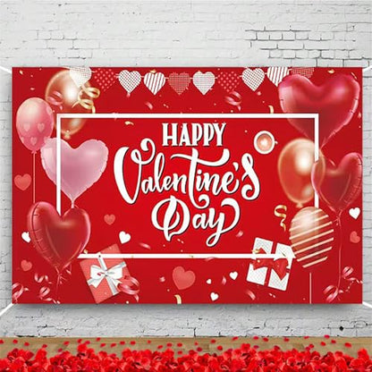 Happy Valentine's Day Banner - Large, 71x43 Inch | Red Hearts Balloons Backdrop Romantic Photo Booth Props -14th February Party Decorations