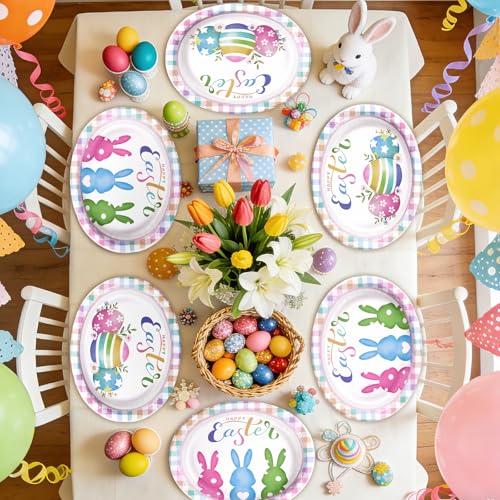 50 Pcs Easter Oval Paper Plates 10" x 12" Large Easter Bunny Egg Plates Heavy Duty Disposable Easter Rabbit Dinner Plates Colorful Plaid Platters for Spring Holiday Baby Shower Birthday Party Supplies - style: 50Pcs Easter Bunny Egg Oval Plates