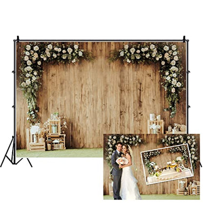 8x6ft Polyester Wedding Backdrop Rustic Floral Flower Wood Wall Backdrop Bridal Shower Reception Ceremony Valentine's Day Photography Background Proposal Party Kids Birthday Party Photo Prop - size: 8x6ft-Polyester