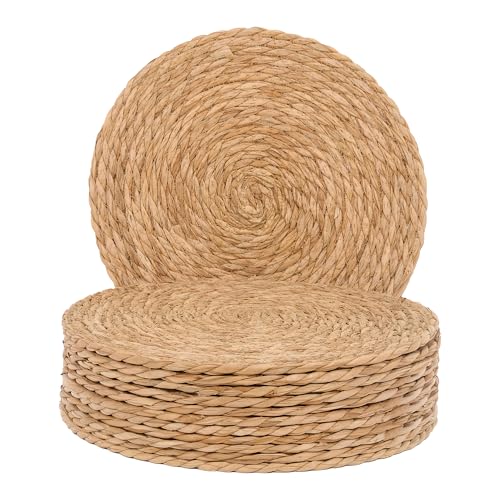 GENMOUS Woven Placemats Set of 12, 12" Round Placemats Natural Water Hyacinth Boho Placemats,Farmhouse Rattan Chargers for Dinner Plates, Rustic Braided Wicker Table Mats for Thanksgiving,Home,Wedding - size: 12inch, Set of 12
