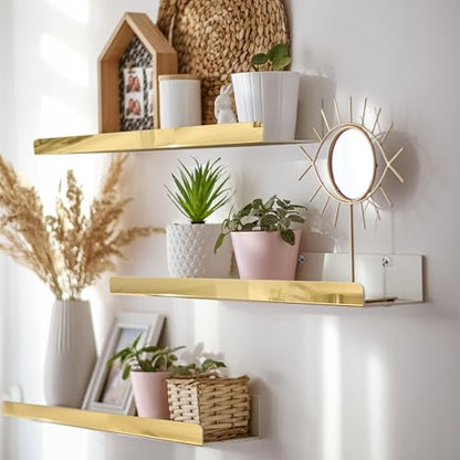 2 Pack 24 Inch Gold Reflective Acrylic Shelves, Gold Foating Shelves, Modern Sunglasses Essential Oil Picture Ledge Display Toy Storage Shelf - color: 24in-gold Mirror