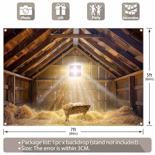 7x5ft Fabric Christmas Manger Scene Backdrop Birth of Jesus Nativity Holy Family Photography Background Barn Stable Christian Party Decor Photo Props - size: 7'x5'